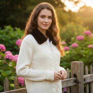 Designers Originals XL Cardigan Cream Black Faux Fur Zip Cable 90s Y2K Retro Mod